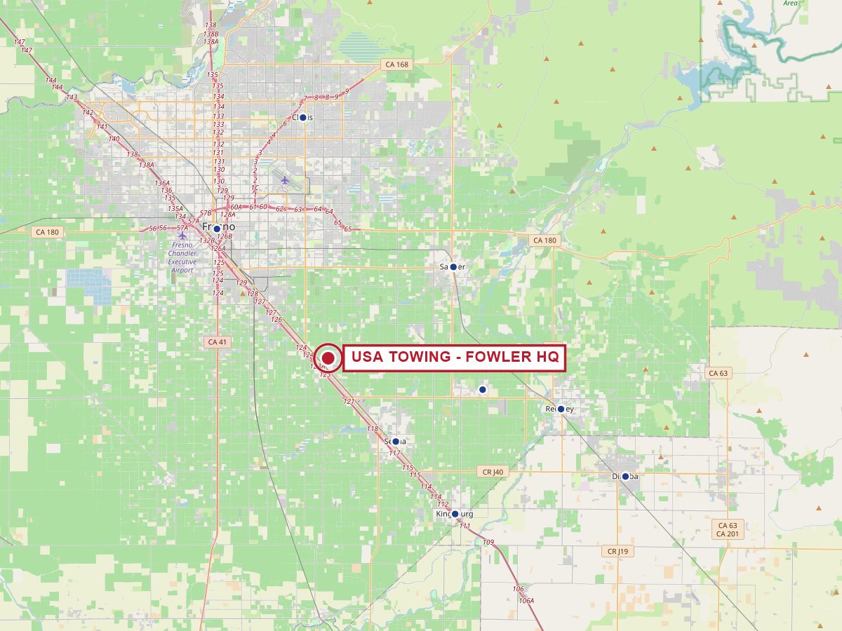 Map of Fresno and Tulare counties showing USA Towing headquarters in Fowler on Highway 99, with service markers on Fresno, Clovis, Sanger, Selma, Kingsburg, Parlier, Reedley, and Dinuba